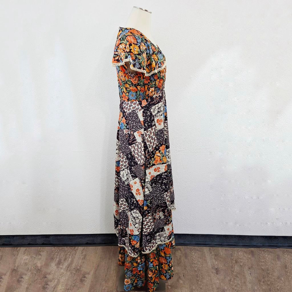 Vintage 60s 70s patchwork floral prairie dress maxi caplet fall boho women's - Picture 3 of 7